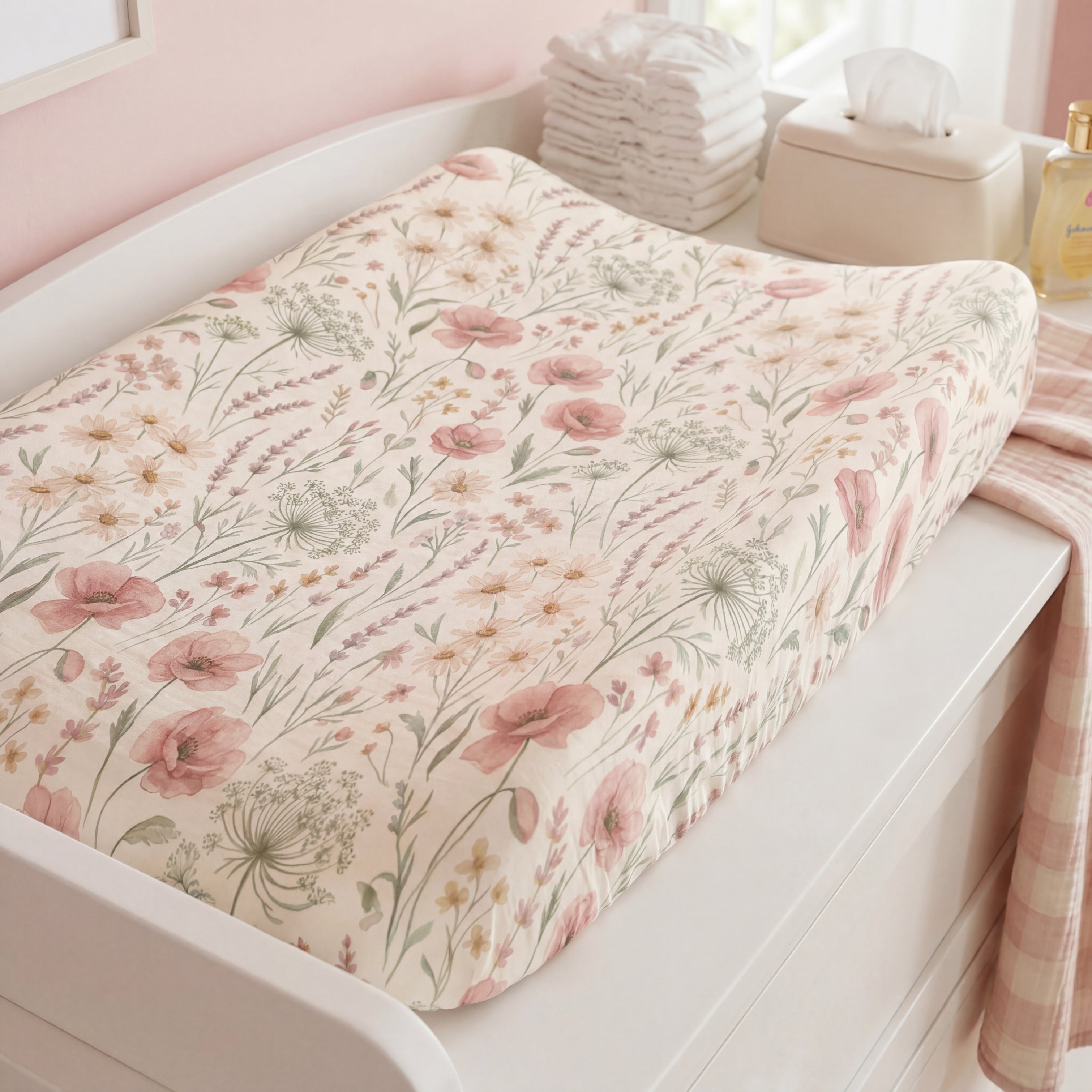 Pink Sage Wildflower Baby Changing Pad Cover — Floral Nursery Accessory