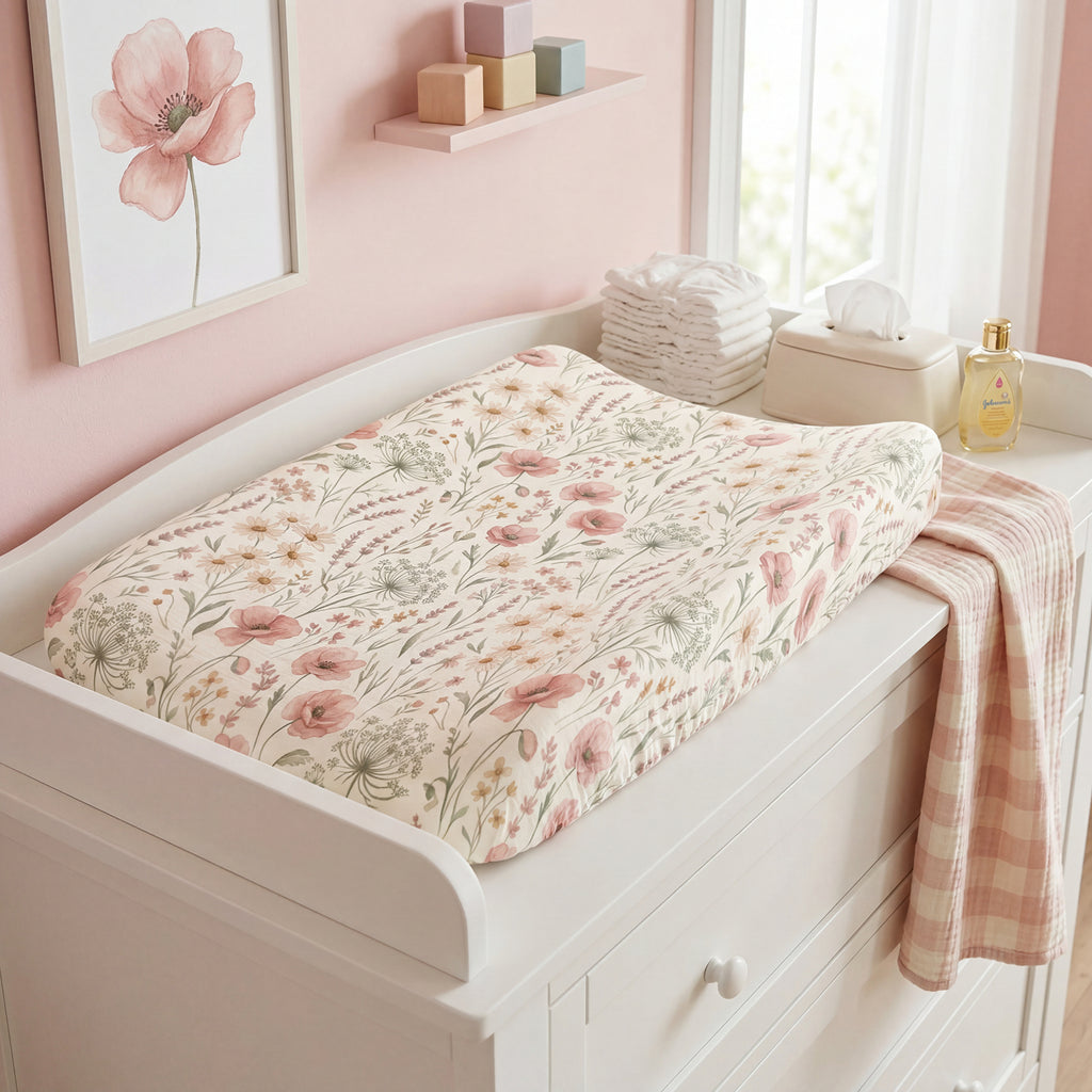 Pink Sage Wildflower Baby Changing Pad Cover — Floral Nursery Accessory