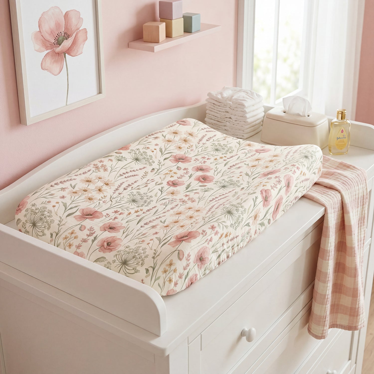 Pink Sage Wildflower Baby Changing Pad Cover — Floral Nursery Accessory