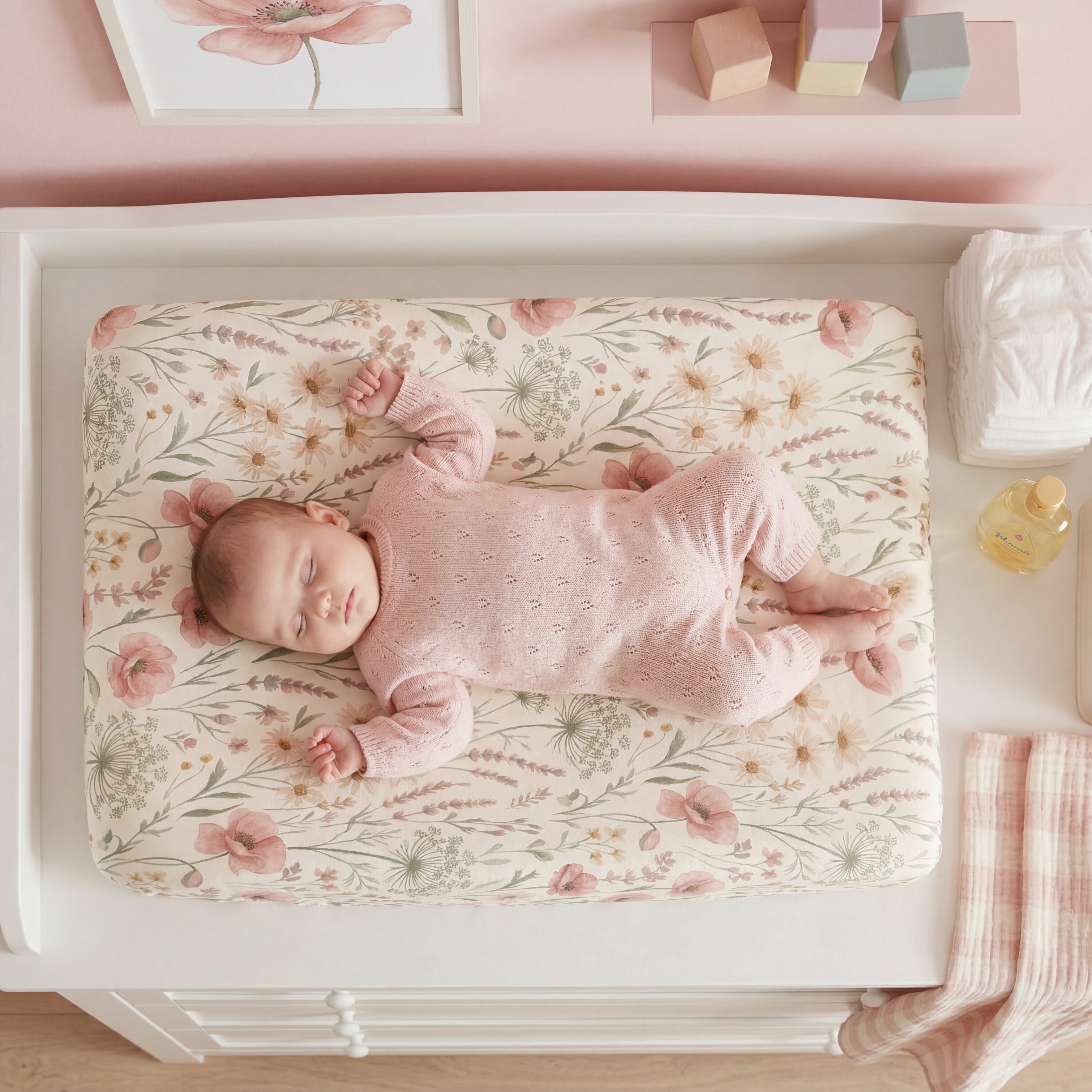 Pink Sage Wildflower Baby Changing Pad Cover — Floral Nursery Accessory