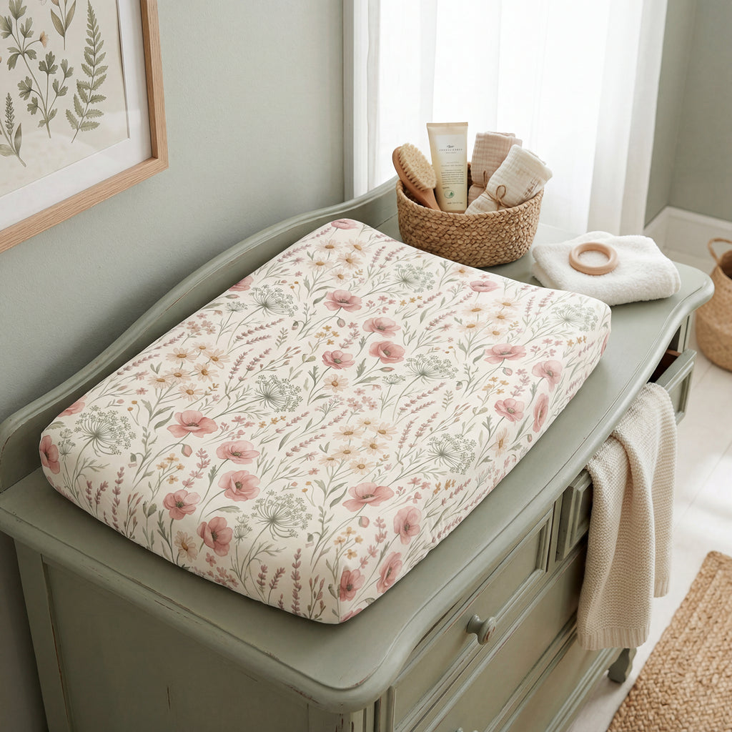 Pink Sage Wildflower Baby Changing Pad Cover — Floral Nursery Accessory