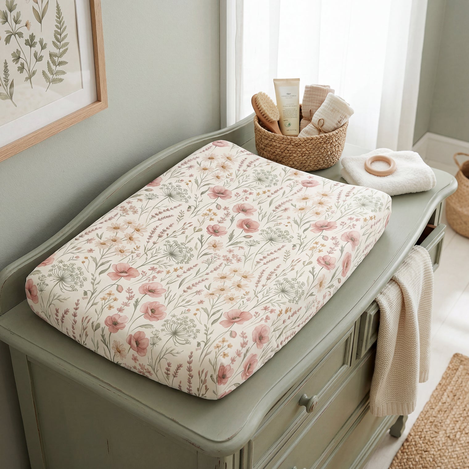 Pink Sage Wildflower Baby Changing Pad Cover — Floral Nursery Accessory