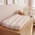 Pink Floral Stripes Baby Changing Pad Cover | Nursery Floral Pattern