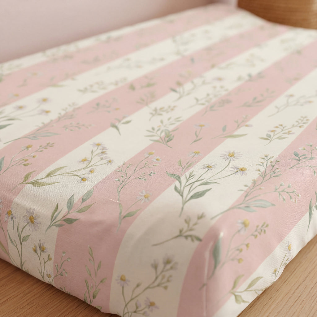 Pink Floral Stripes Baby Changing Pad Cover | Nursery Floral Pattern