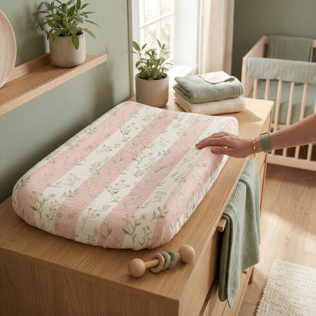 Pink Floral Stripes Baby Changing Pad Cover | Nursery Floral Pattern