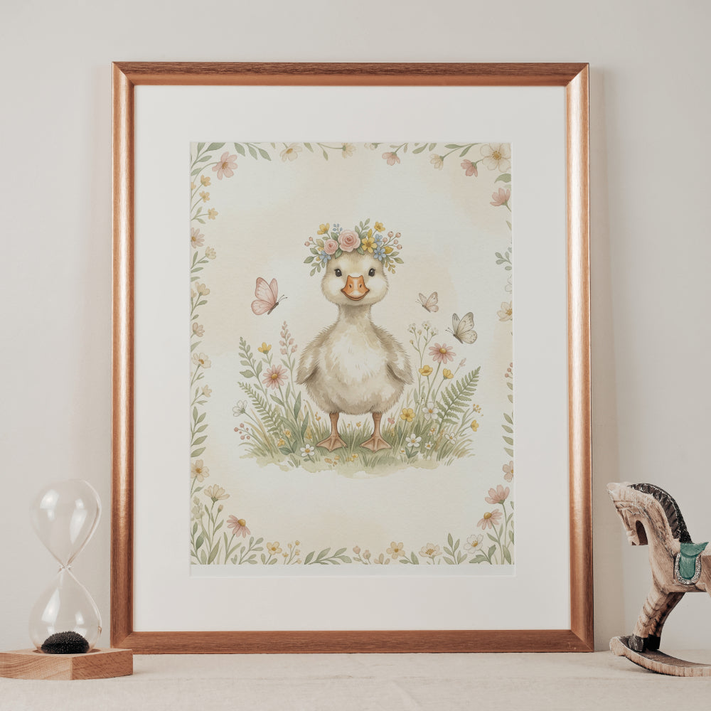 Silly Geese Duckling Floral Wall Poster — Cute Nursery Animal Matte Vertical Art