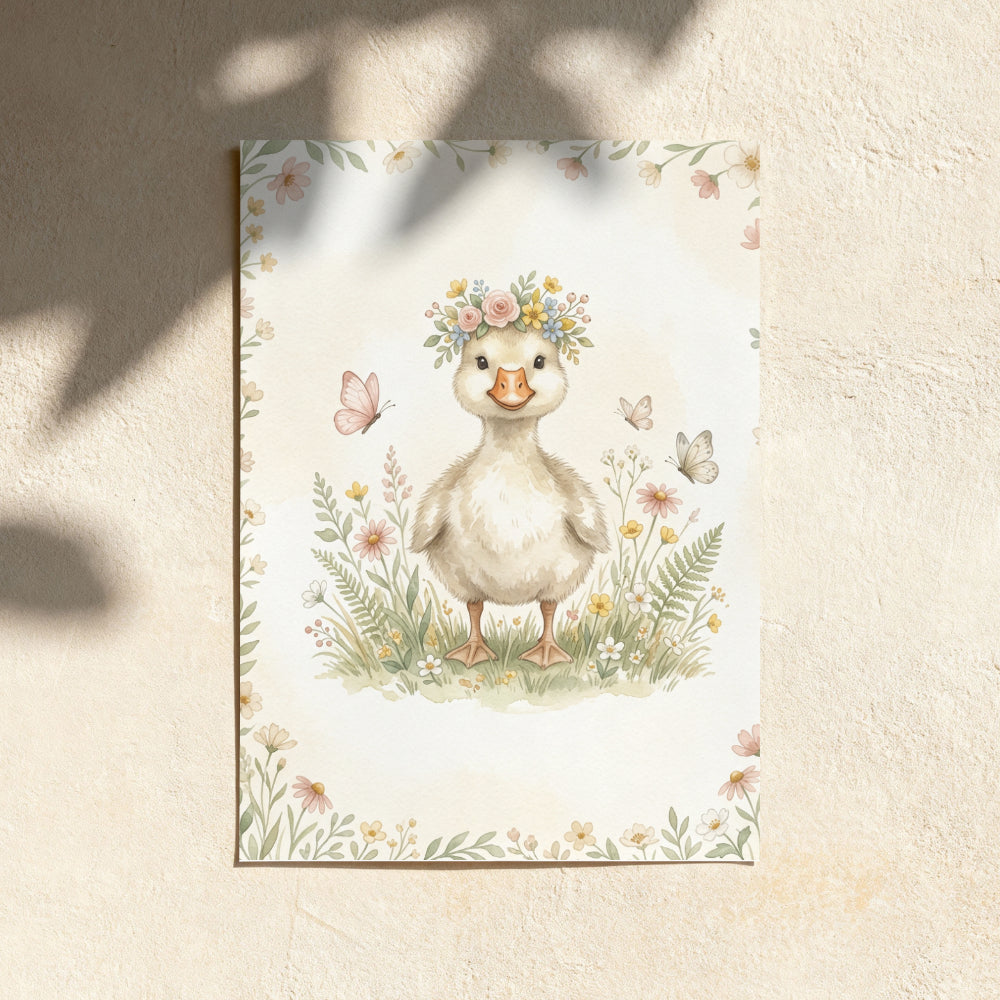 Silly Geese Duckling Floral Wall Poster — Cute Nursery Animal Matte Vertical Art