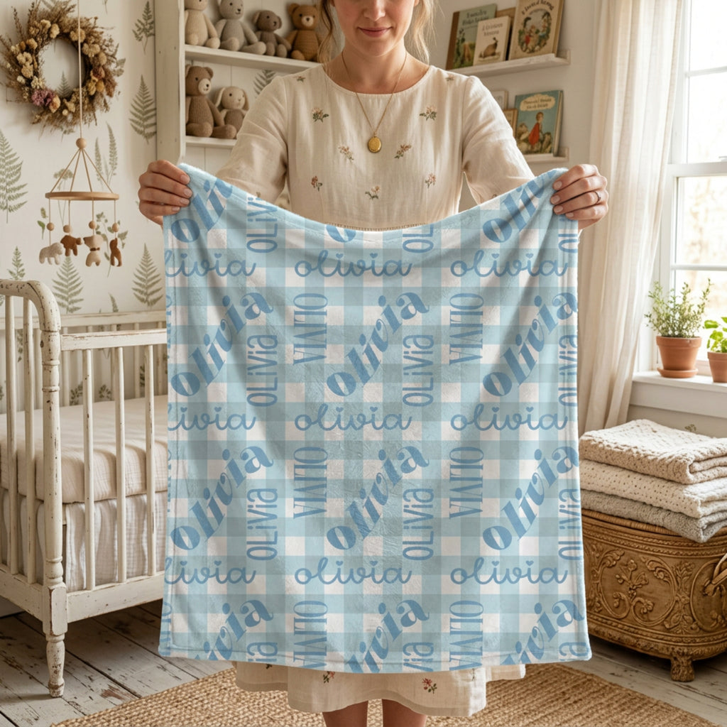Blue Gingham Name Minky Blanket