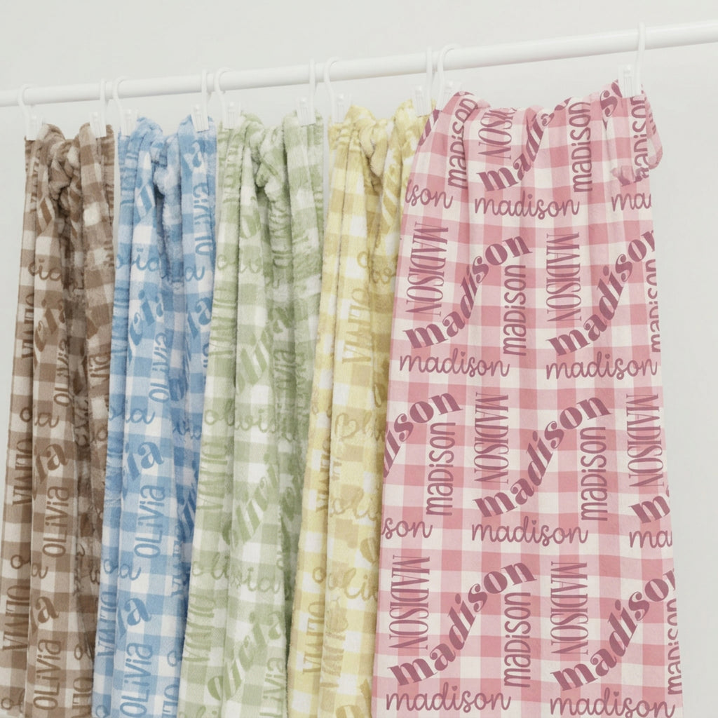 Blue Gingham Name Minky Blanket