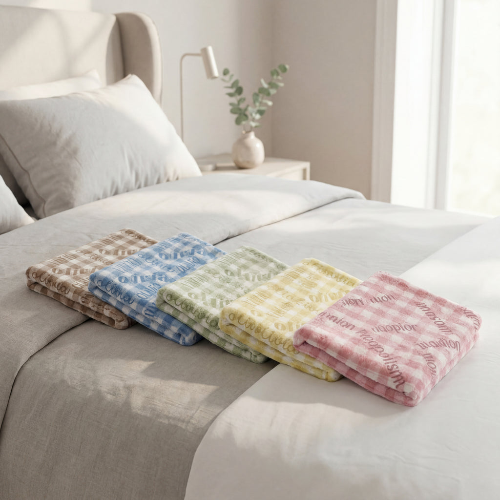 Blue Gingham Name Minky Blanket