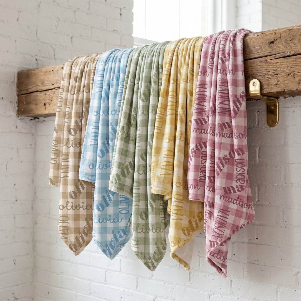 Blue Gingham Name Minky Blanket