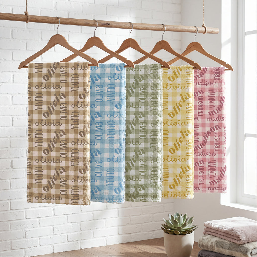 Blue Gingham Name Minky Blanket