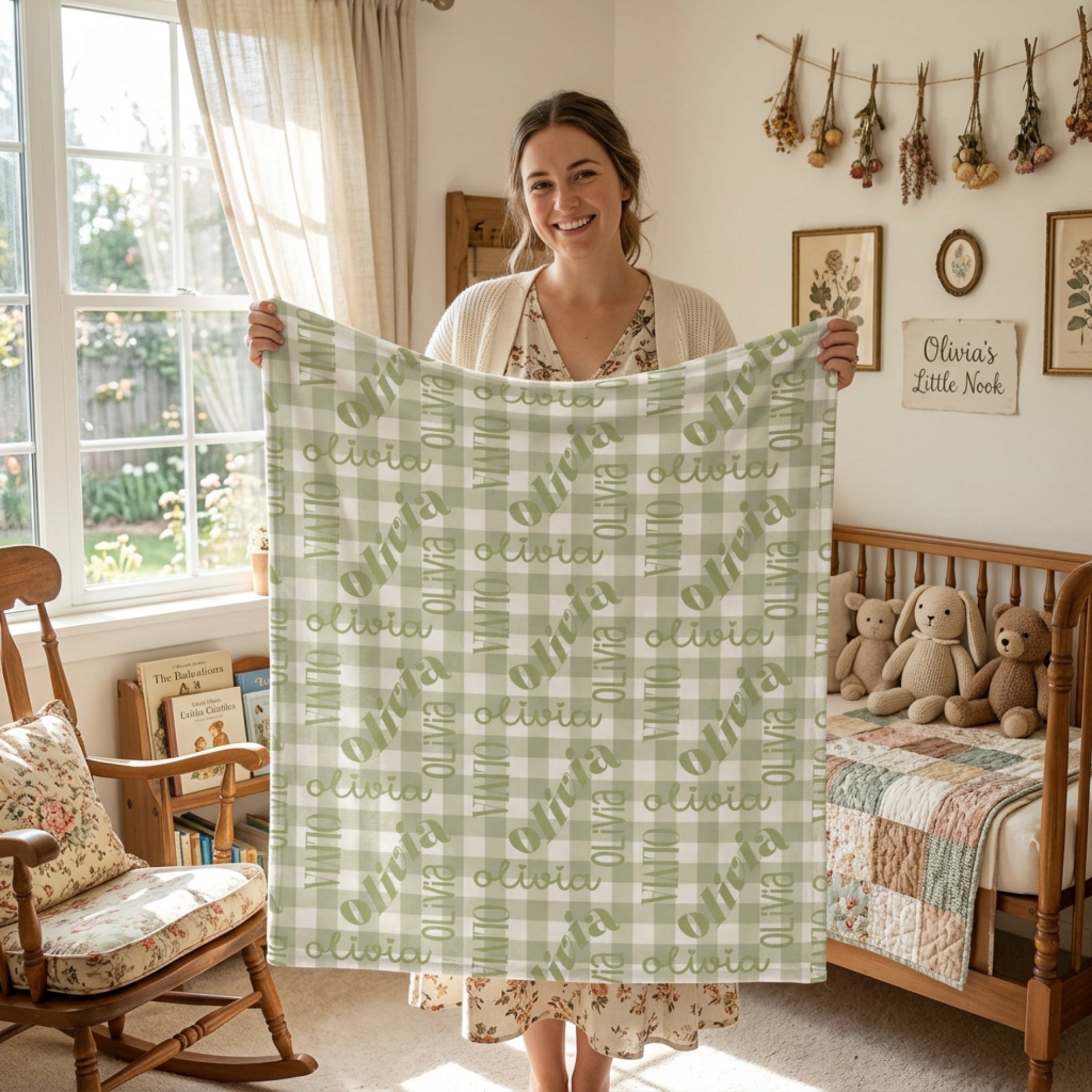 Sage Gingham Name Cottagcore Minky Blanket