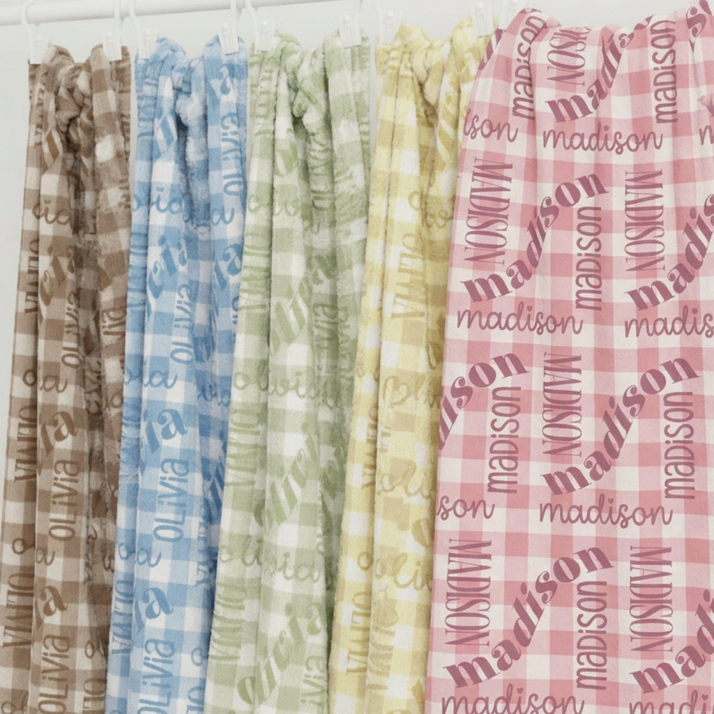 Pastel Lemon Gingham Name Minky Blanket