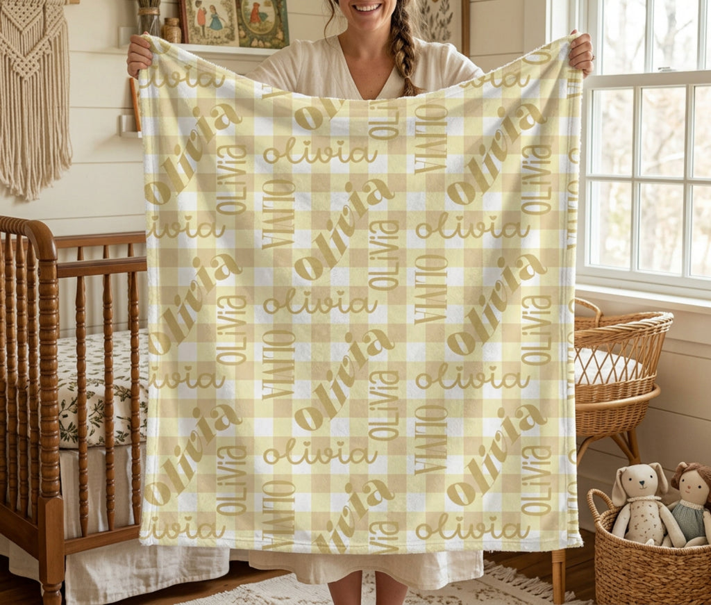 Pastel Lemon Gingham Name Minky Blanket