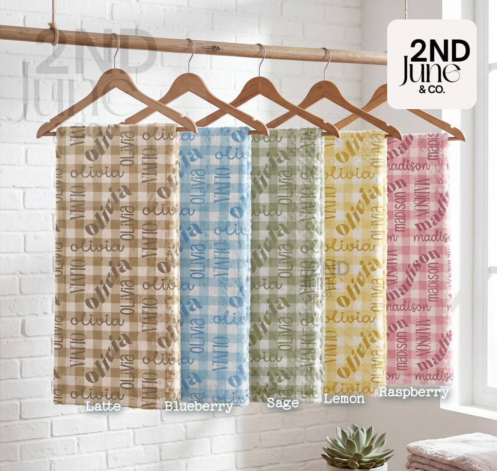 Pastel Lemon Gingham Name Minky Blanket