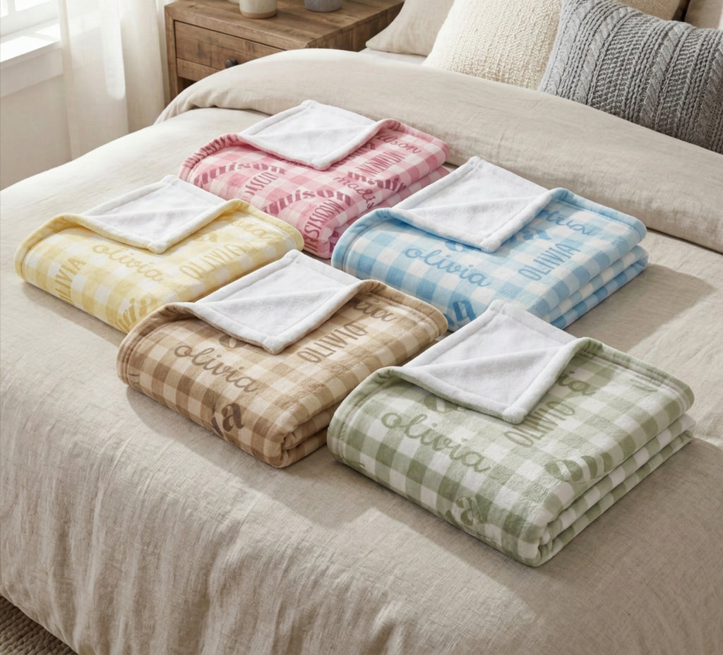 Pastel Lemon Gingham Name Minky Blanket
