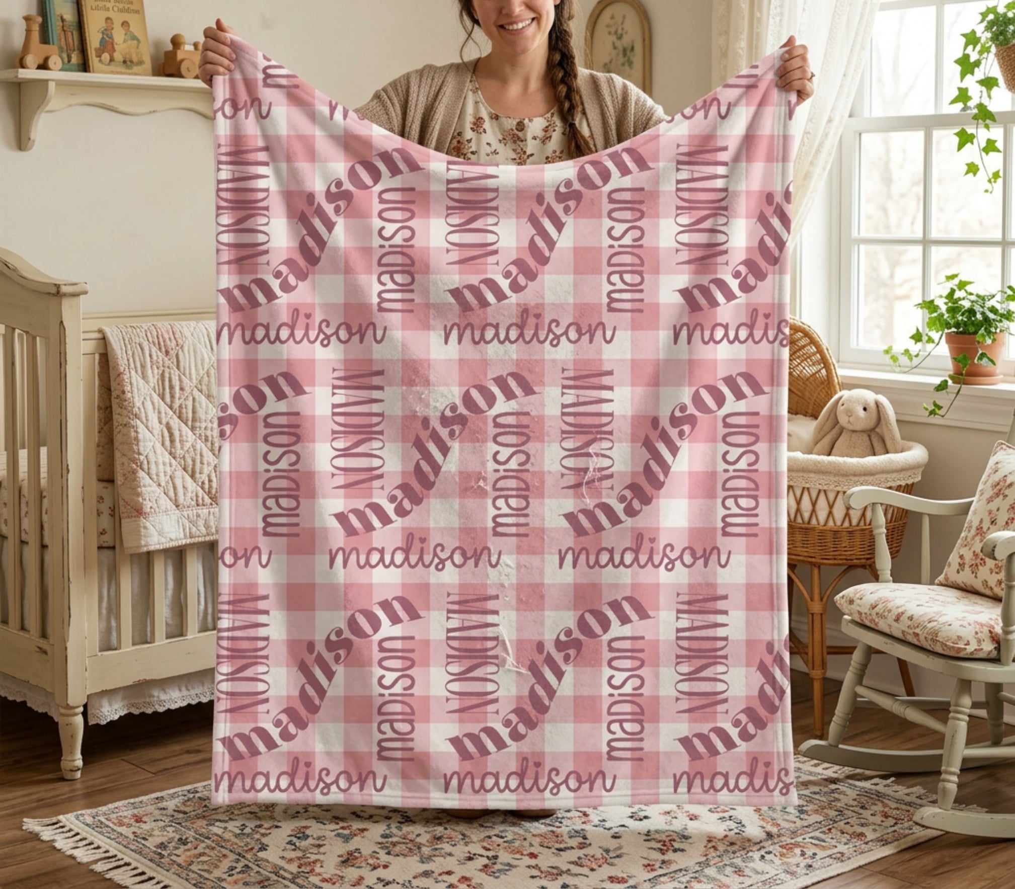 Raspberry Pink Gingham Name Cottagcore Minky Blanket